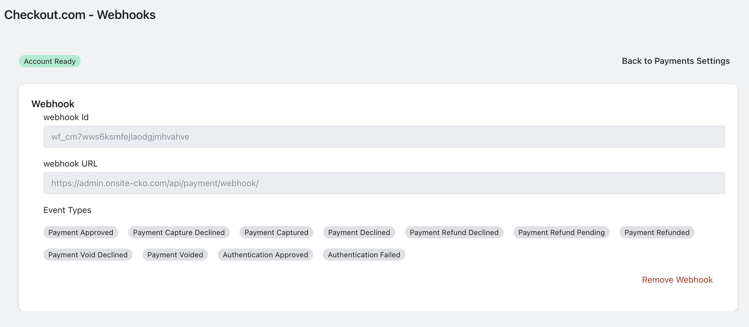 Screenshot of the Webhooks settings screen